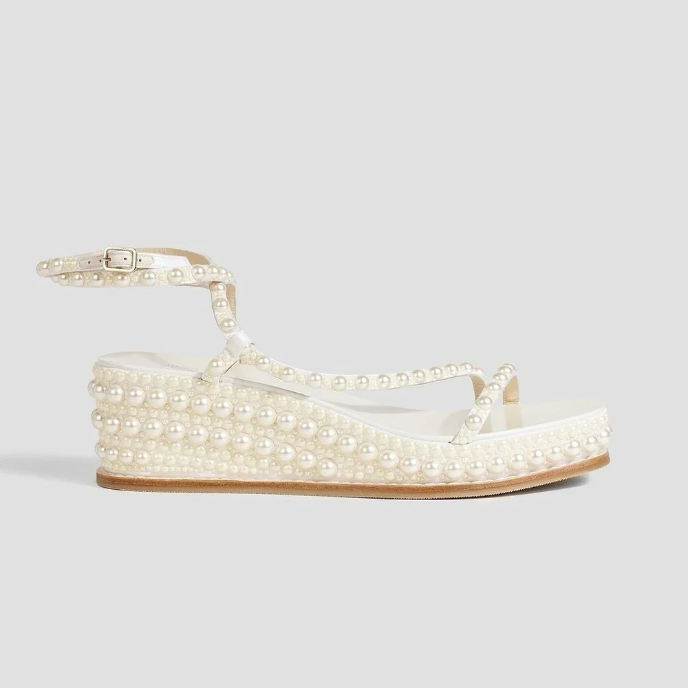 JIMMY CHOO Drive Pearl Embellished Wedge Heel Sandals